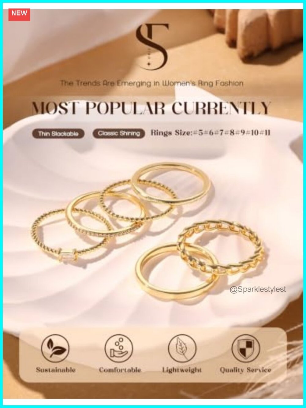 14K Gold Plated Stackable Rings Set Statement Band Size 5-11 - Picture 2 of 6
